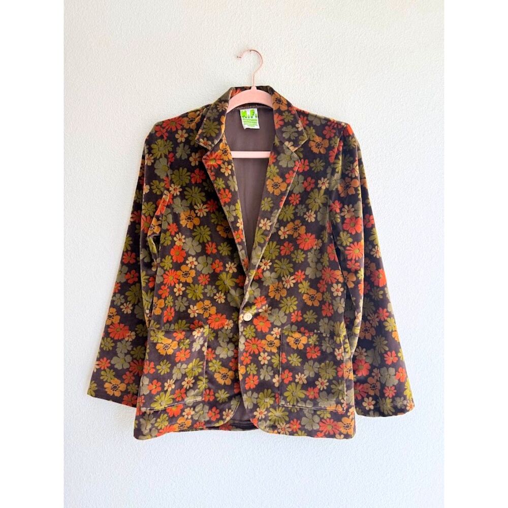 Vintage 70s MF Clothing Co Floral Velour Blazer Jacket Brown Orange Green Small